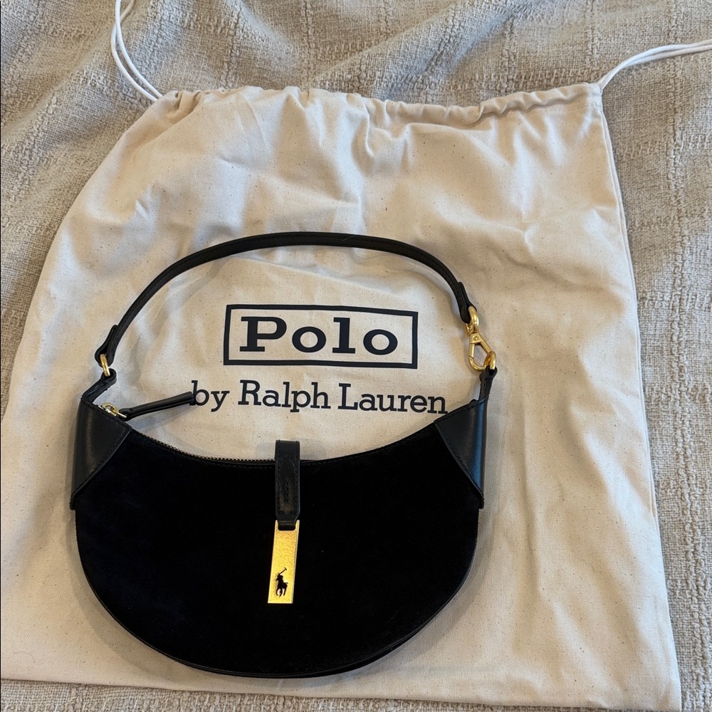 Polo by Ralph Lauren Black Velvet Crescent Shoulder Bag with Gold Hardware